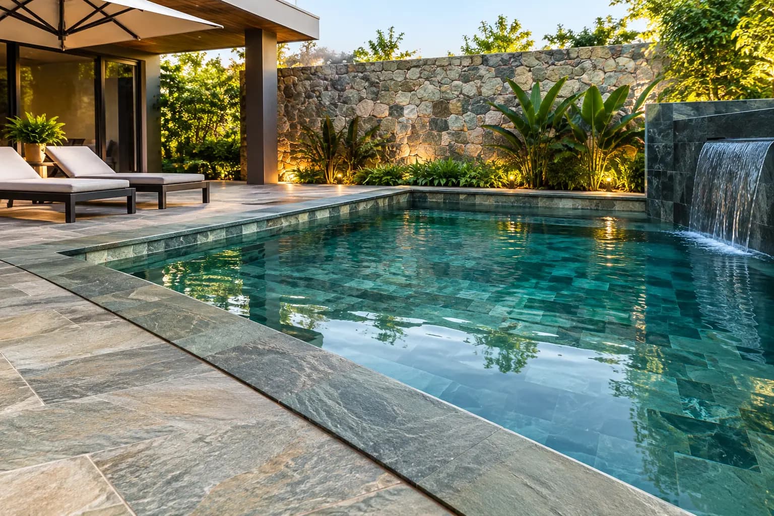 Projeto de piscina com pedra Hijau: o que definir